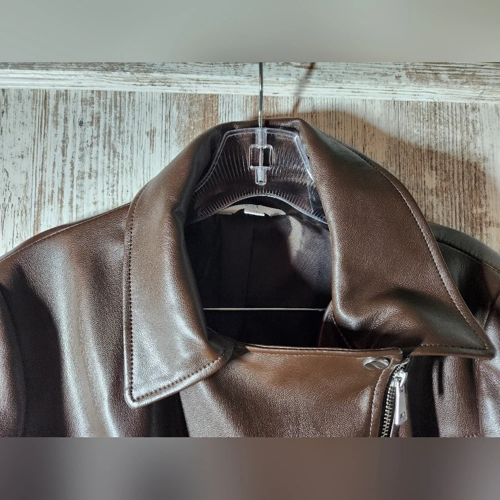 Time and Tru Dark Brown Bomber Jacket Faux Leather Coat NWT Small